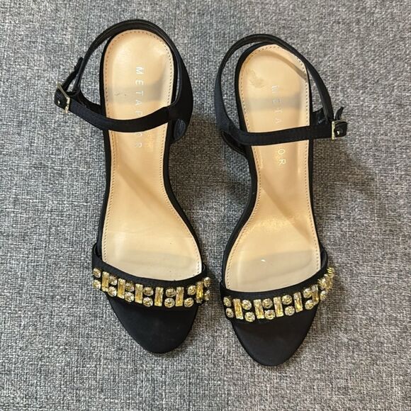 Metaphor Sesha Black Satin Jewel Embellished Open Toe Block Heels - Picture 4 of 6